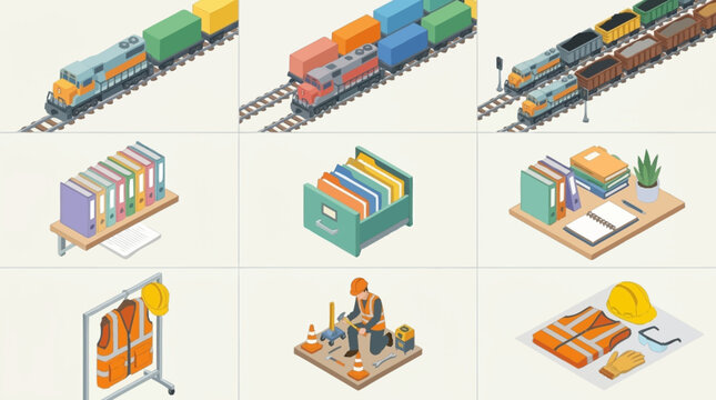 Isometric icons of trains and construction work.