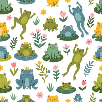Kawaii Cute Frogs Seamless Pattern Colorful Lily Pad Vector Graphic