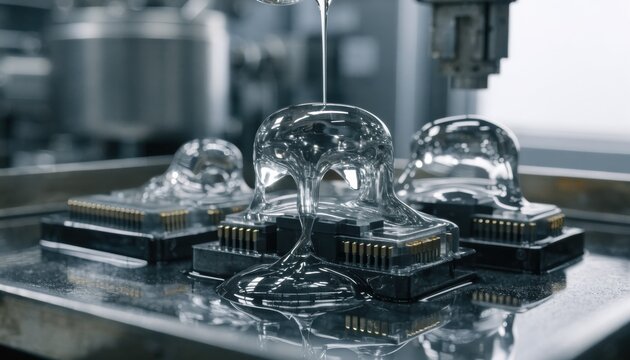 Closeup medium shot of glob top encapsulation process showcasing the controlled dispensing of resin over electronic components for insulation.