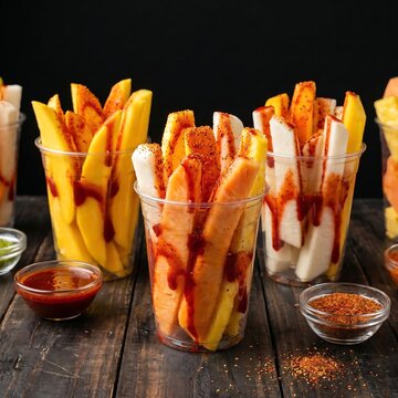 Mexican fruit cups (fruta con chili) with mango, pineapple, jicama, chamoy, and tajin on black background. Colorful snack concept.	
