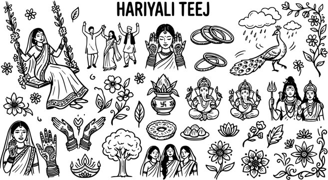 Hariyali Teej Indian Hindu Festival Traditional Doodle Sketch Vector Art Set. Black and White Line Drawing of Women, Swings, Mehndi, Gods, Peacock, and Cultural Elements.