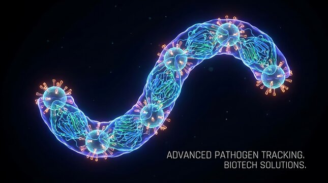 Advanced pathogen tracking biotech solutions showing digital virus particles inside glowing tube.