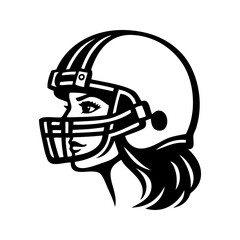 Logo fútbol americano femenino. Icono con cabeza de chica joven con casco de fútbol americano, vista de perfil  © teracreonte