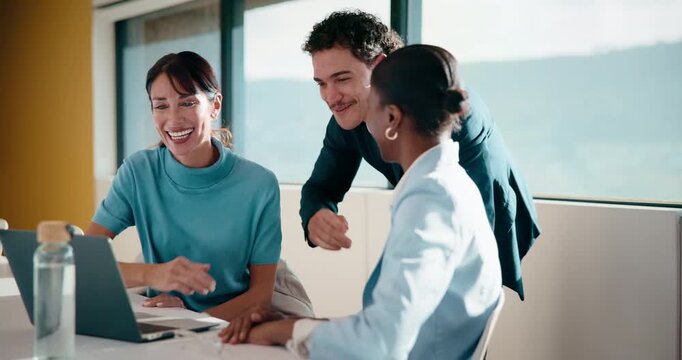 Finance, high five and laptop with business people in boardroom for review of information. Computer, investment goals and success with employee team in financial workplace for risk management