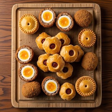 Rustic wooden board with a selection of British pub food (like mini sausage rolls, Scotch eggs, and pork pies), served with Branston pickle, English mustard, and crusty bread,