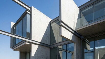 Obraz premium Modern Concrete and Glass Building Exterior with Steel Beams and Blue Sky