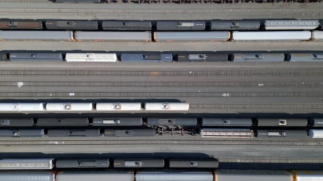 Top Down Freight Train Switch Yard Wilmington Caifornia Drone Aerial View