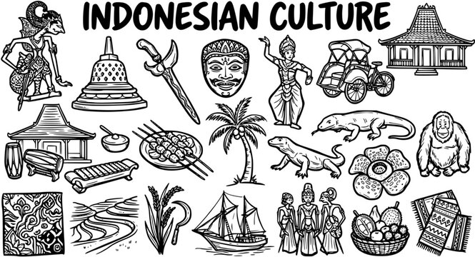 Black and White Line Art Illustration Set of Indonesian Culture. Collection of Traditional Symbols, Landmarks, Animals, Food, and Heritage Icons.