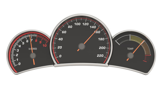 Car dashboard with vintage analogue panels isolated on transparent background. 3D illustration