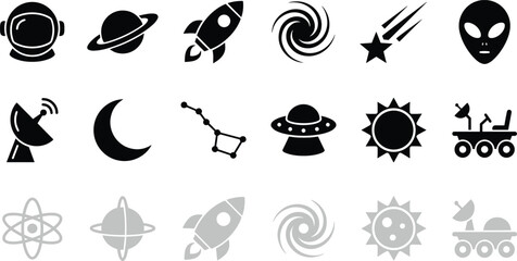 Space and astronomy flat black vector icon set with rocket, planet, satellite, astronaut and galaxy symbols © ArtMint