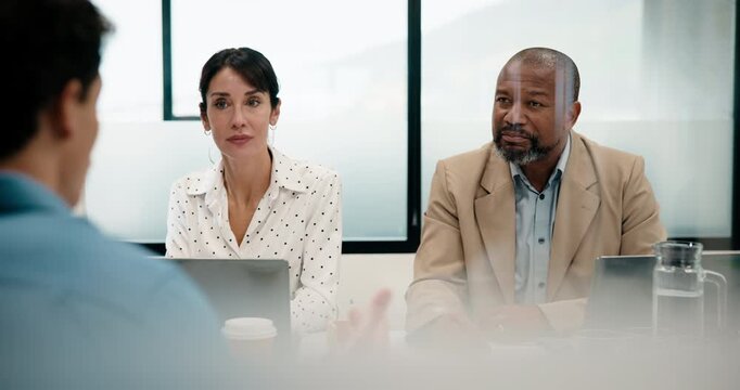 Interview, business and people in office with laptop, discussion or meeting for onboarding. Smile, candidate or hiring managers in agency with tech, evaluation or recruitment for career opportunity.