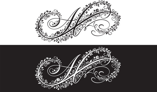 Elegant floral infinity symbol vector design featuring intricate filigree leaves and vines in black and white variations
