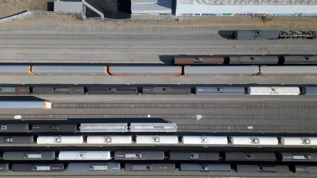 Top Down Freight Train Switch Yard Wilmington Caifornia Drone Aerial View