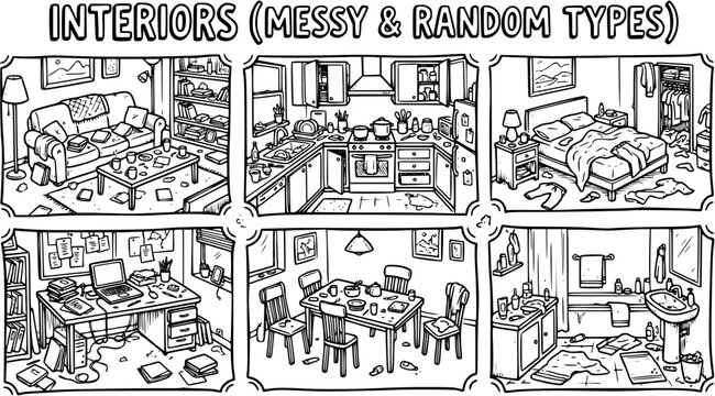 Black and White Line Art Illustrations of Messy and Random Home Interiors, Cluttered Household Rooms and Domestic Disarray Concepts.