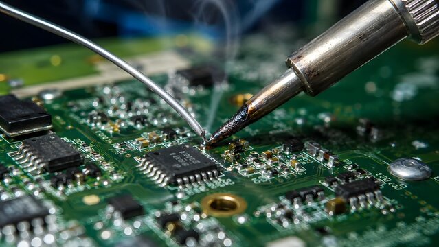 Close up macro shot of a soldering iron and wire melting solder on a green printed circuit board with smoke. Electronic component repair, technology manufacturing, and computer hardware engineering.