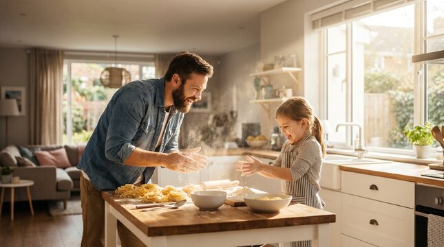 Happy father and daughter playing with flour while making pasta in kitchen.