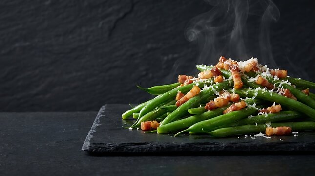 Steaming green beans with crispy bacon and grated cheese on dark slate plate.