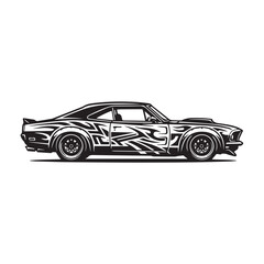 Fototapeta premium Black and white illustration of a classic muscle car with tribal decals.