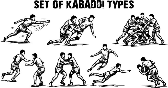Black and White Line Art Set of Kabaddi Player Poses and Actions