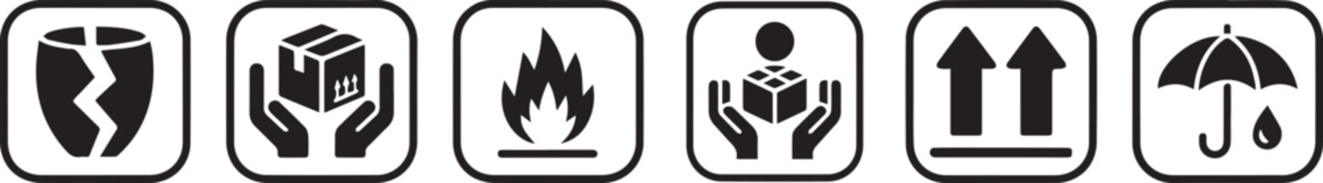 Packing symbol set. Fragile, handle with care, flammable, upward, keep dry simple signs - stock vector.
