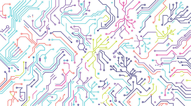 Colorful abstract circuit board pattern with multicolored lines and shapes on white background