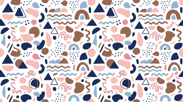 Colorful whimsical abstract pattern with geometric shapes and mountain ranges