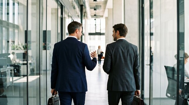 Two businessmen walking and discussing business in modern office hallway.