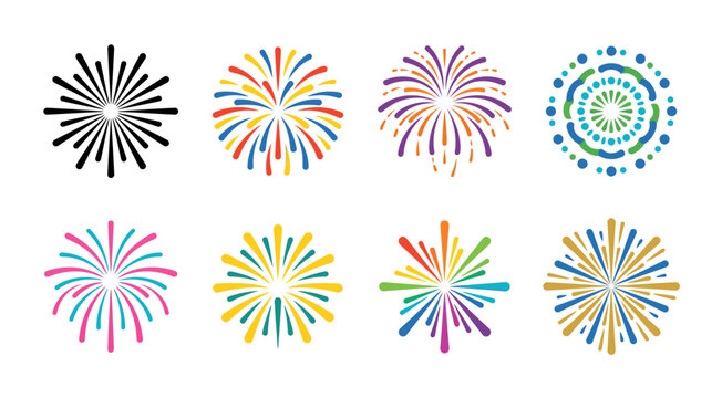 Colorful firework bursts collection on transparent background