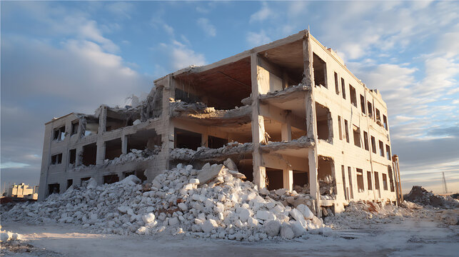An architectural panoramic view of the collapsed building, outdoor