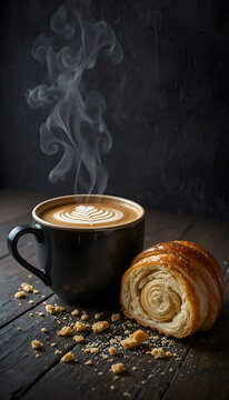 Vertical composition of hot coffee cup with latte art foam and crispy golden croissant roll, cinematic rising steam