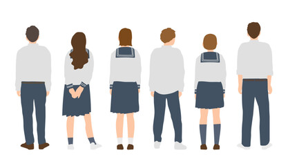 Obraz premium 日本の学生後ろ姿セット（男子学生・女子学生・制服・青春イラスト）
