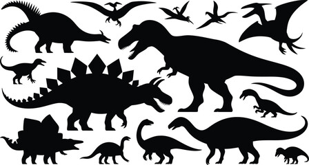 Obraz premium Collection of prehistoric dinosaur silhouettes including t-rex, stegosaurus and pterodactyls