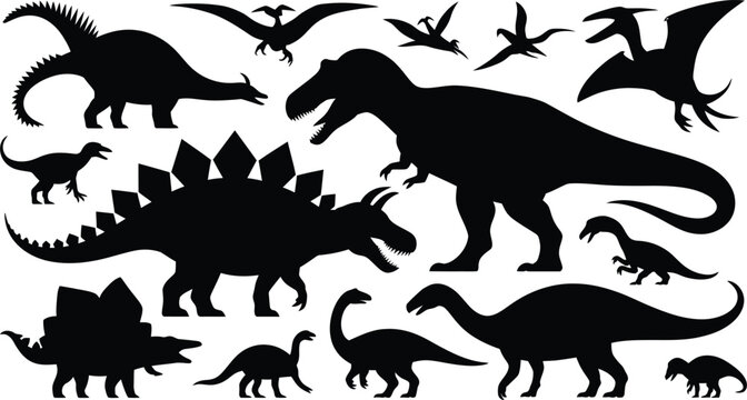 Collection of prehistoric dinosaur silhouettes including t-rex, stegosaurus and pterodactyls