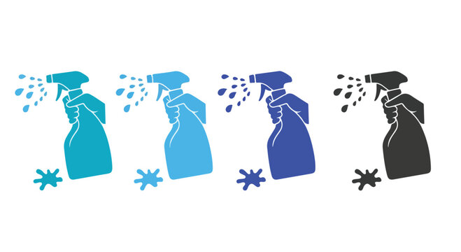 Set of three colorful spray bottles with water spray action in different shades of blue and black on white background