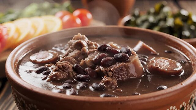 Delicious Brazilian Feijoada Served in a Rustic Bowl with Fresh Ingredients.