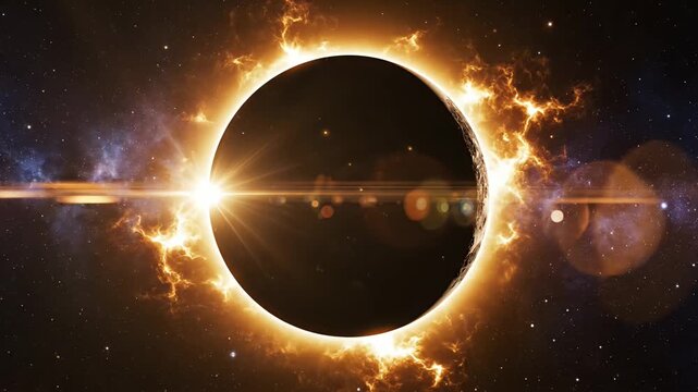 Solar eclipse phenomenon with bright corona and celestial background