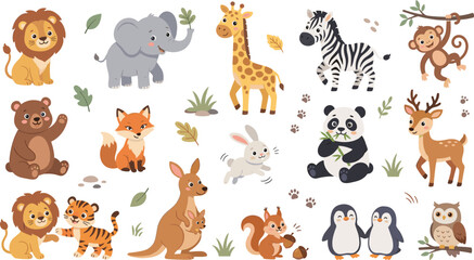 Naklejka premium Cute Cartoon Wild Animal Collection Featuring Lion Elephant Giraffe Zebra Panda Kangaroo Penguin Deer Fox Monkey and Forest Wildlife Characters
