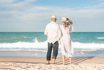 Rear view of senior couple standing on beach looking at sea enjoying summer vacation © Renata Hamuda