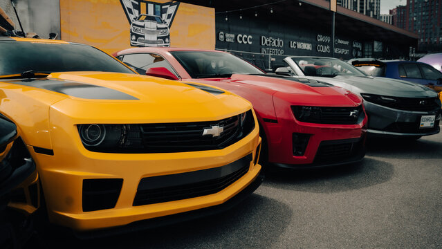 KYIV, UKRAINE - JUNE 8, 2024: Row of Chevrolet Camaros