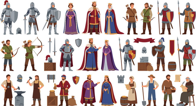 Medieval Character Set with Royalty Kings Queens Knights Soldiers Archers and Peasants for Historical Fantasy Games and Storybook Illustrations