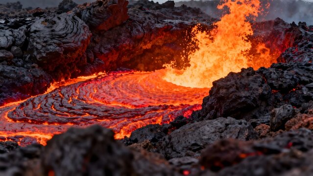 Lava flow in volcanic crater