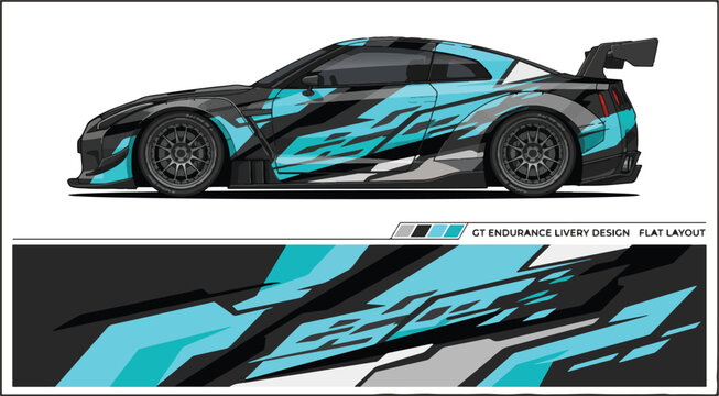 Black sports car with blue design.