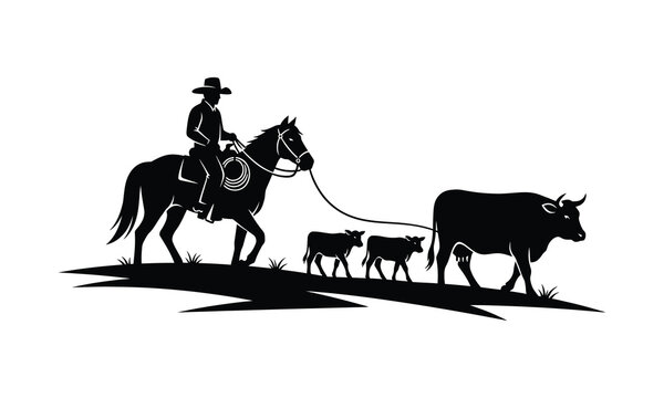Cowboy herding cattle silhouette western ranch life illustration for branding and design