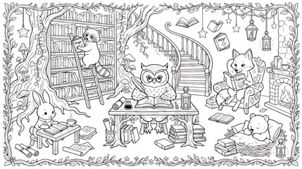 Obraz premium Whimsical forest library coloring page, magical woodland animals reading books in cozy treehouse, intricate line art illustration for kids