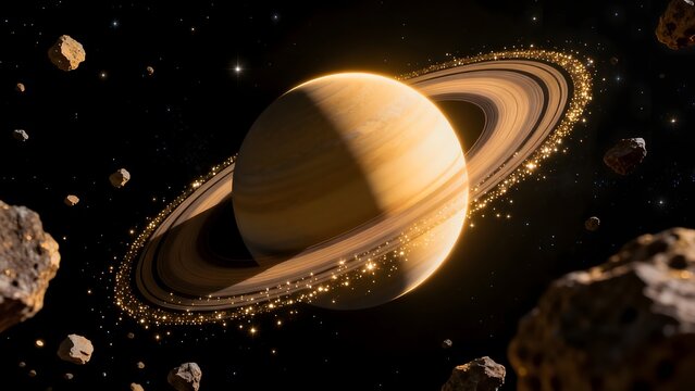 Saturn with rings and asteroids in space