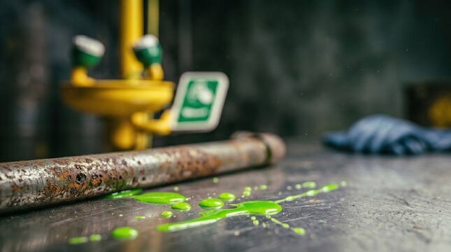 Emergency Eyewash Station with Toxic Chemical Spill in Laboratory