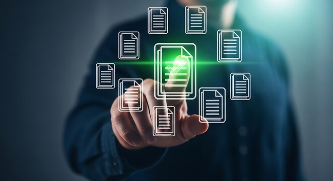 Data management concept hand interacting with digital document icons and network