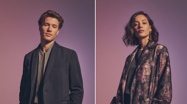 Young professional couple posing in stylish winter coats against vibrant gradient background