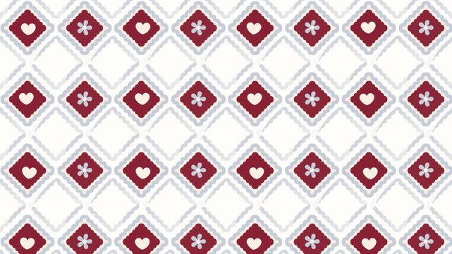 4k footage animation of Girly plaid texture in red and blue colors. Argyle cute diamond pattern with flower and hearts. Holiday circus for Valentines' day, wedding, birthday, ornament