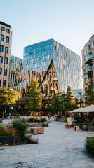 Obraz premium A wide open plaza is seen in front of a big modern building. People walk around the area while enjoying time outside as the sun sets over the city skyline